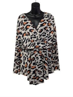 Allegrace Leopard Print Wrap Tunic Top Plus 1X Long Sleeve V-Neck Surplice NWT